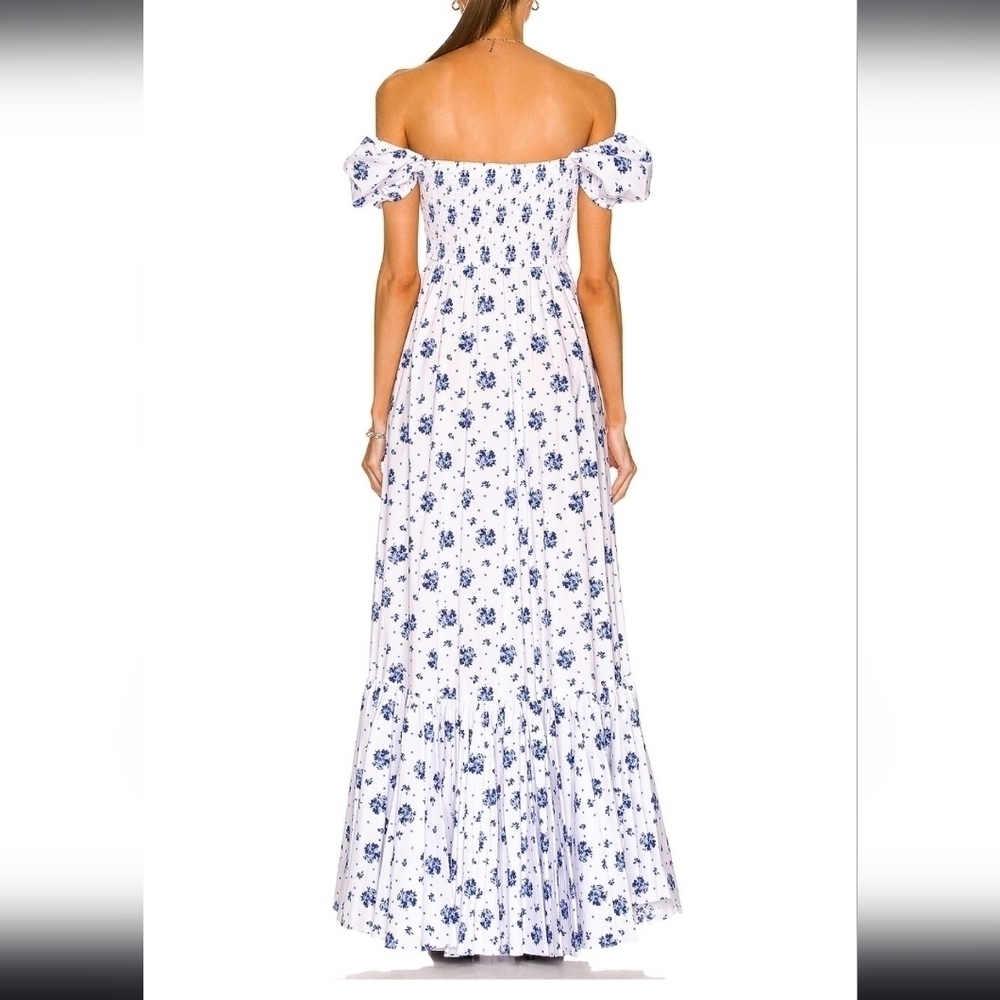 Caroline Constas Gianna Smocked Puff Sleeve Maxi Dress Blue Spot Floral Size XL - Picture 2 of 14